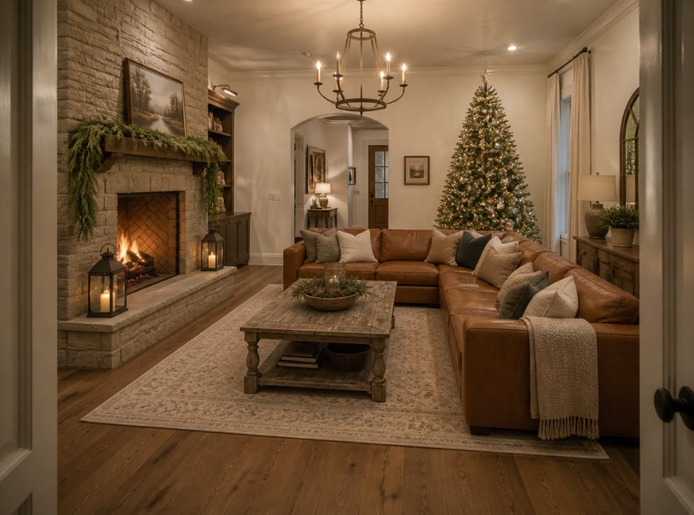 Chimenea de piedra y sofá esquinero camel en Navidad