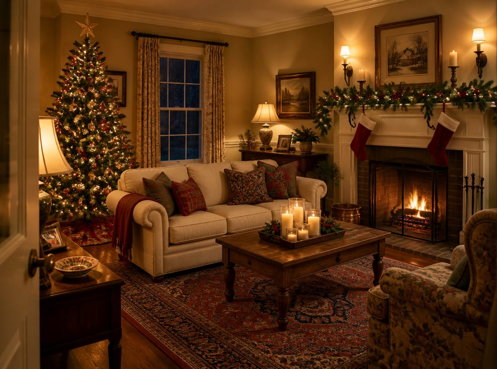 Sala completa por la noche con árbol, repisa y botas
