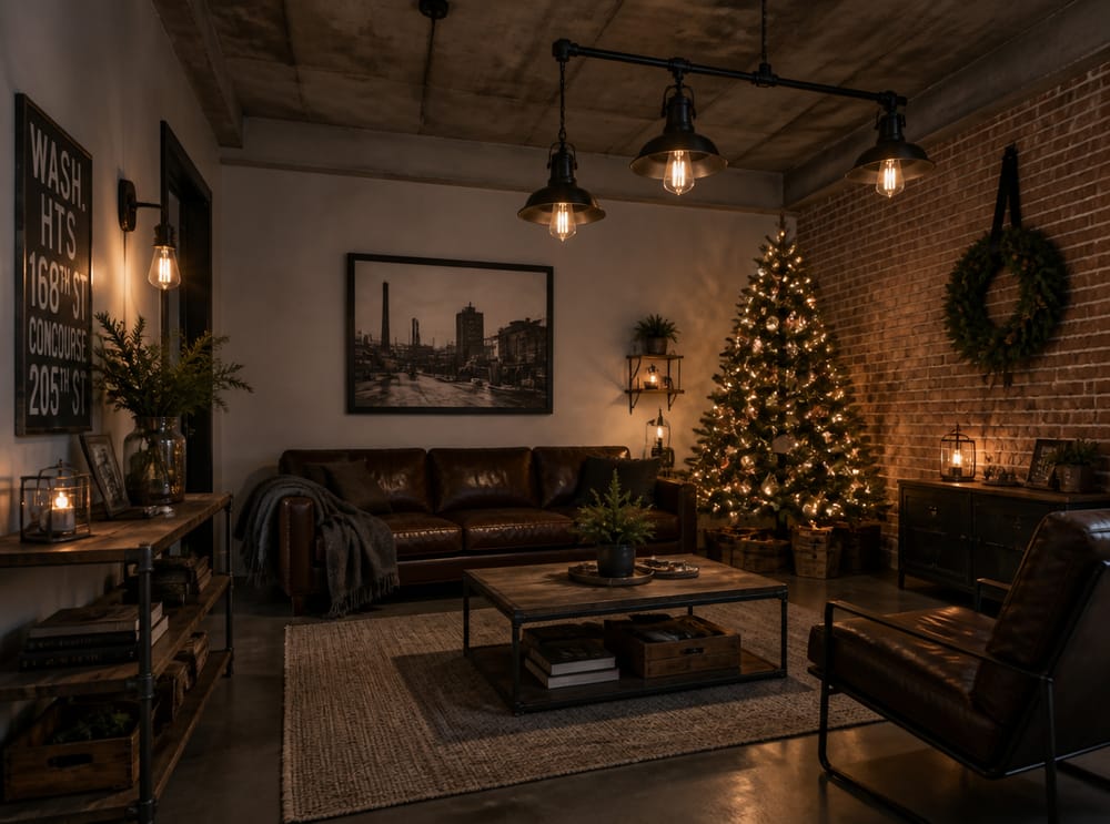 Sala industrial con árbol iluminado con focos Edison