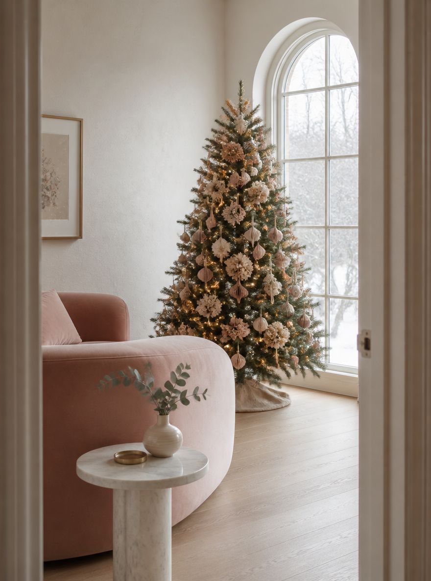Árbol junto a ventana arqueada con adornos de flores secas