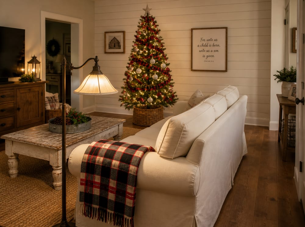 Árbol estilo farmhouse sobre revestimiento de madera y lazo de cuadros