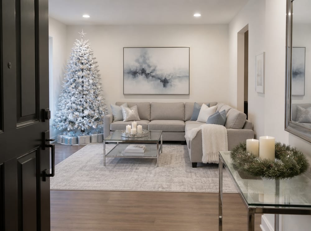 Árbol nevado con adornos plata y azul en sala blanca