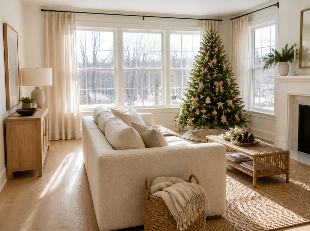Sala luminosa con árbol de lazo rafia y mesa de ratán