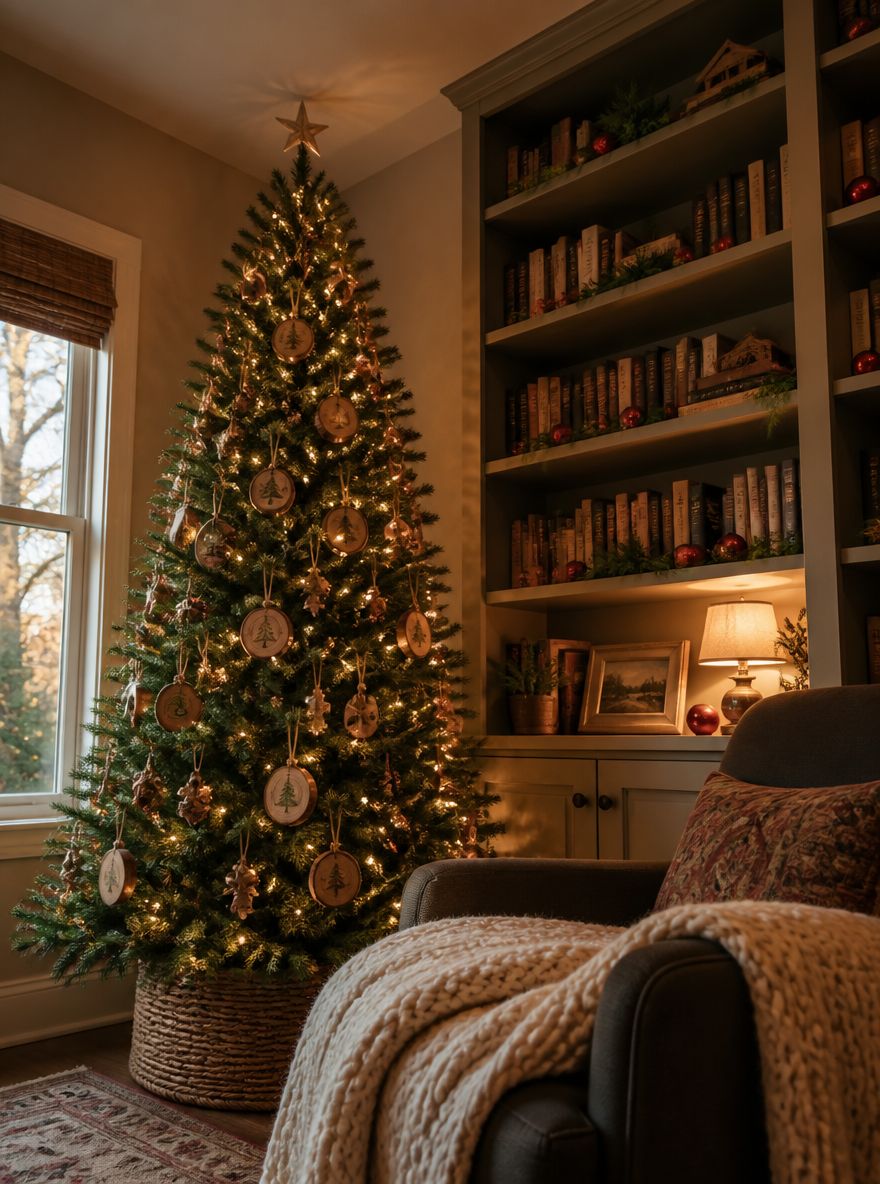 Árbol junto a librero con decoraciones de cedro en los estantes