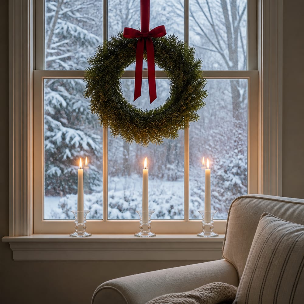 Corona de pino en la ventana con velas largas y nieve afuera