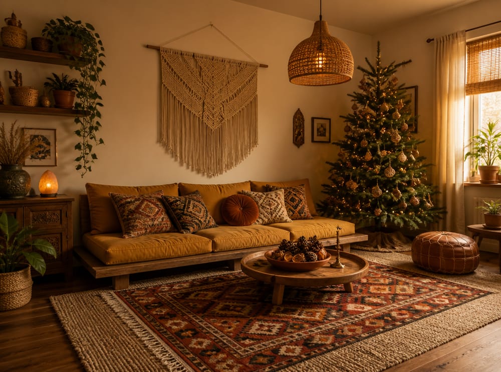 Sala bohemia con adornos de ratán y alfombra kilim