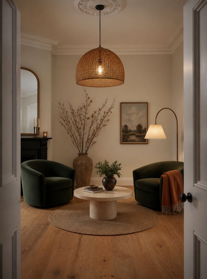Rattan pendant over green velvet chairs and travertine table