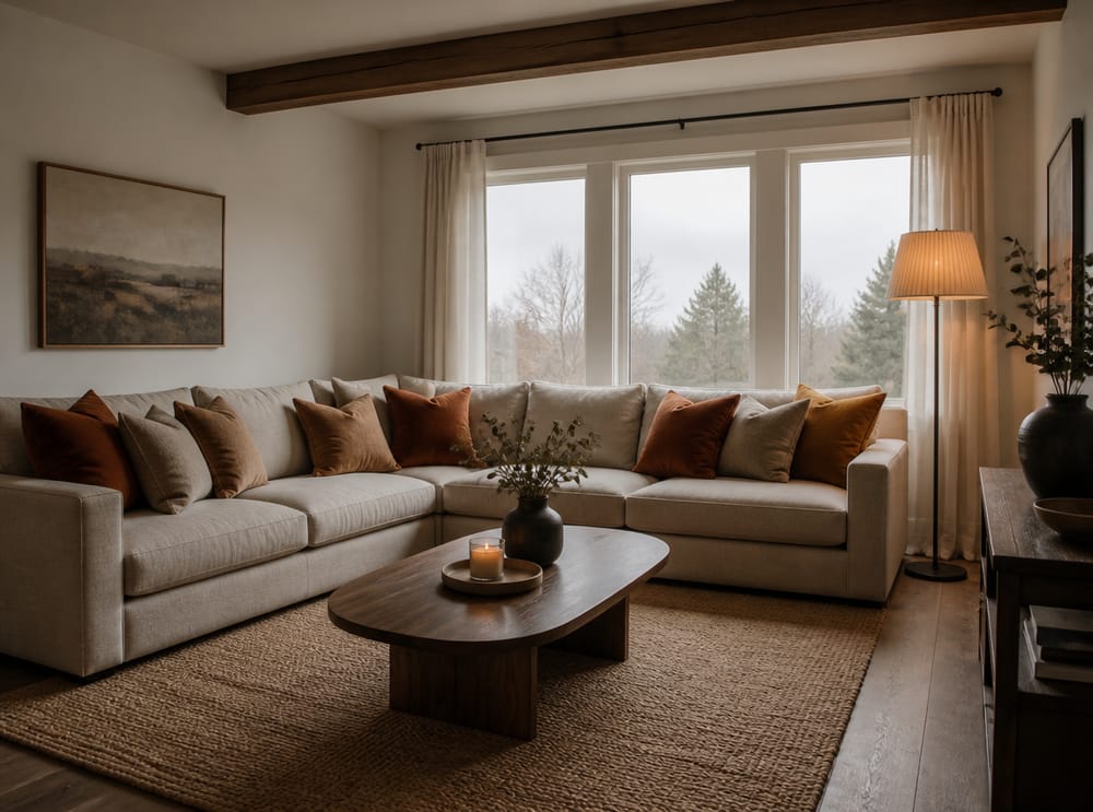 Corner sectional with velvet cushions and jute rug