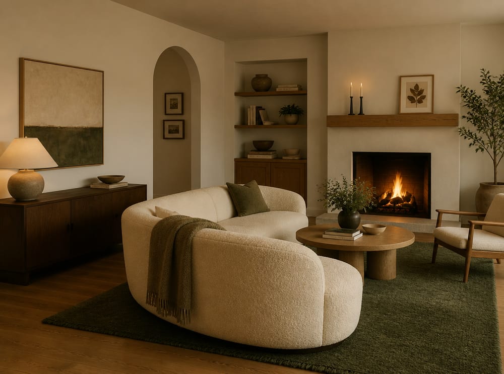 Curved boucle sofa facing fireplace with pressed-leaf art
