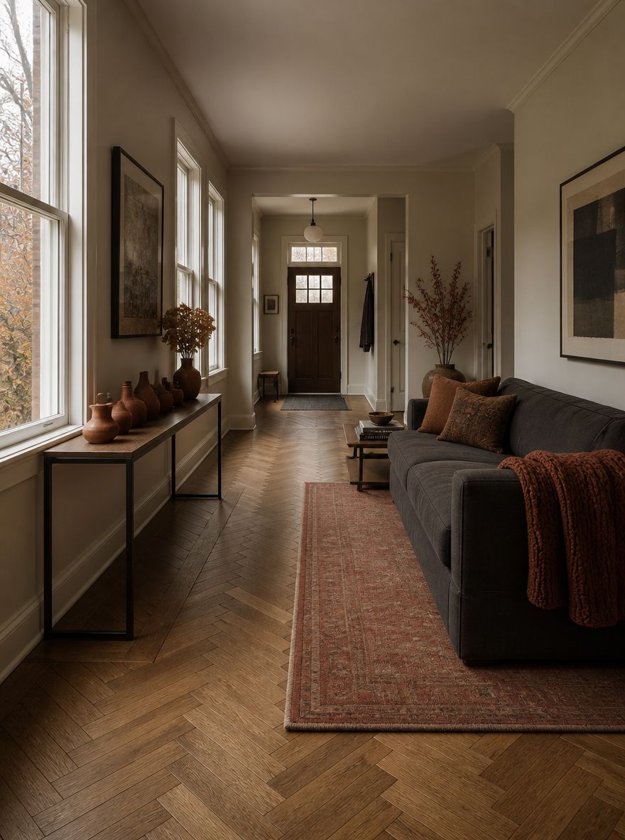 Charcoal sofa with terracotta vessels on console table