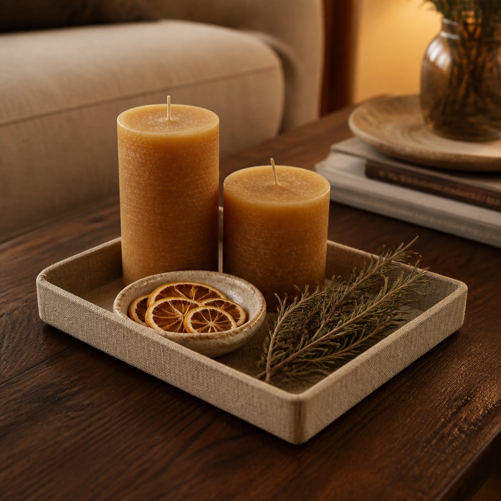 Coffee table tray with candles and dried orange slices