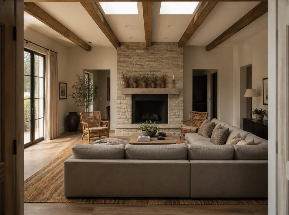 Stone fireplace flanked by rattan chairs and woven rug