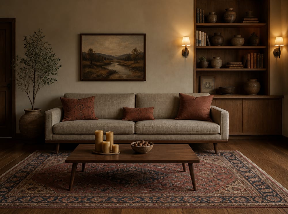 Mid-century sofa with beeswax candles on coffee table