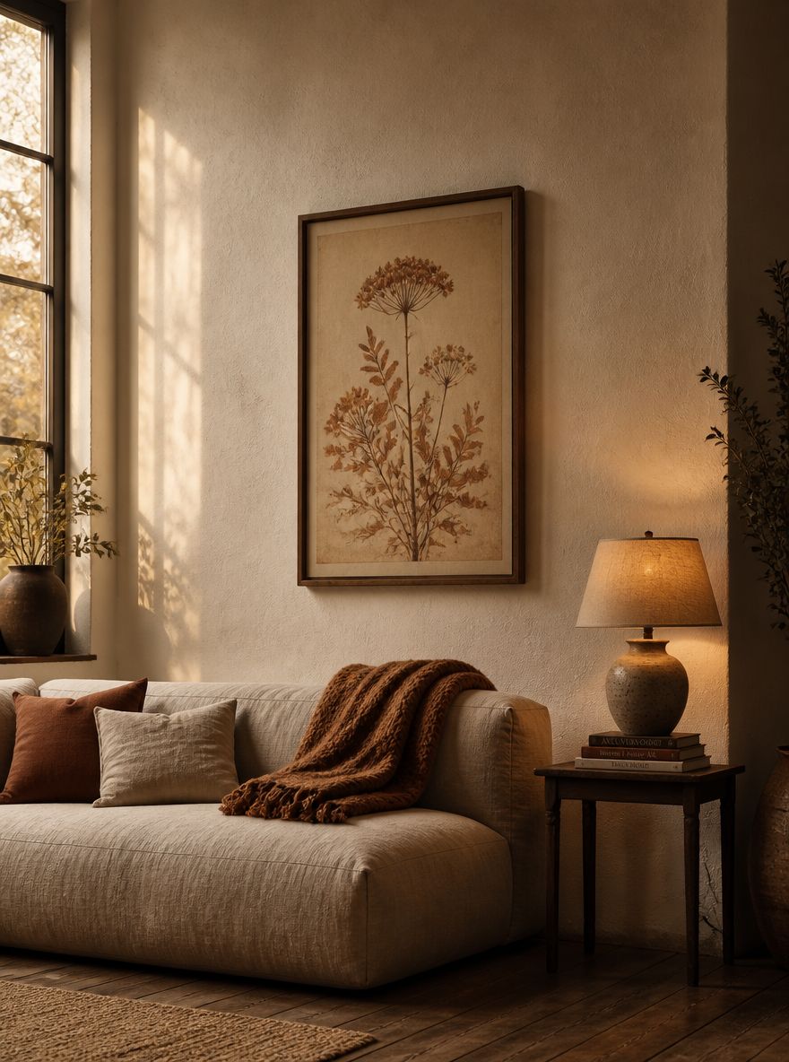 Tall wall with muted botanical print above sofa