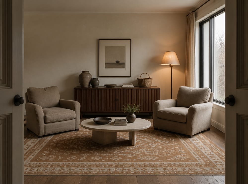 Symmetrical mushroom armchairs flanking oval coffee table