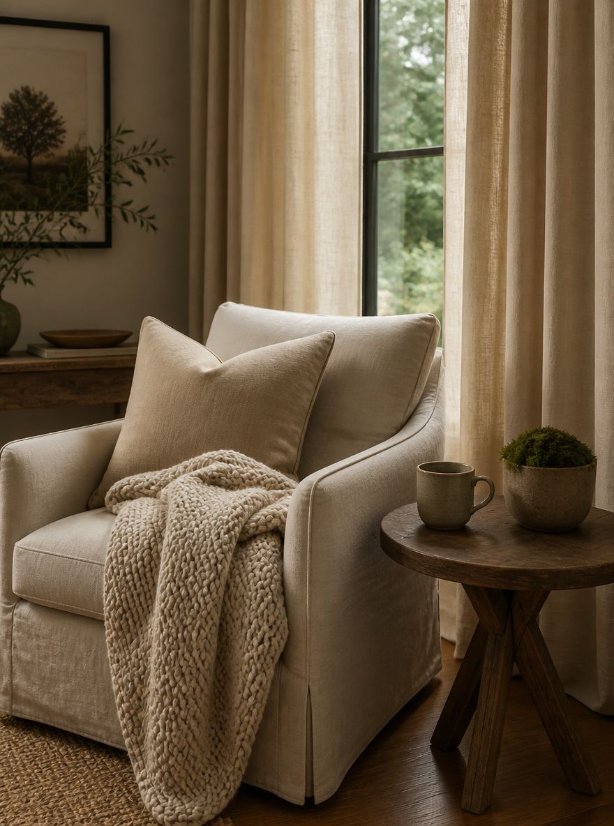 Linen armchair corner with moss plant and curtains