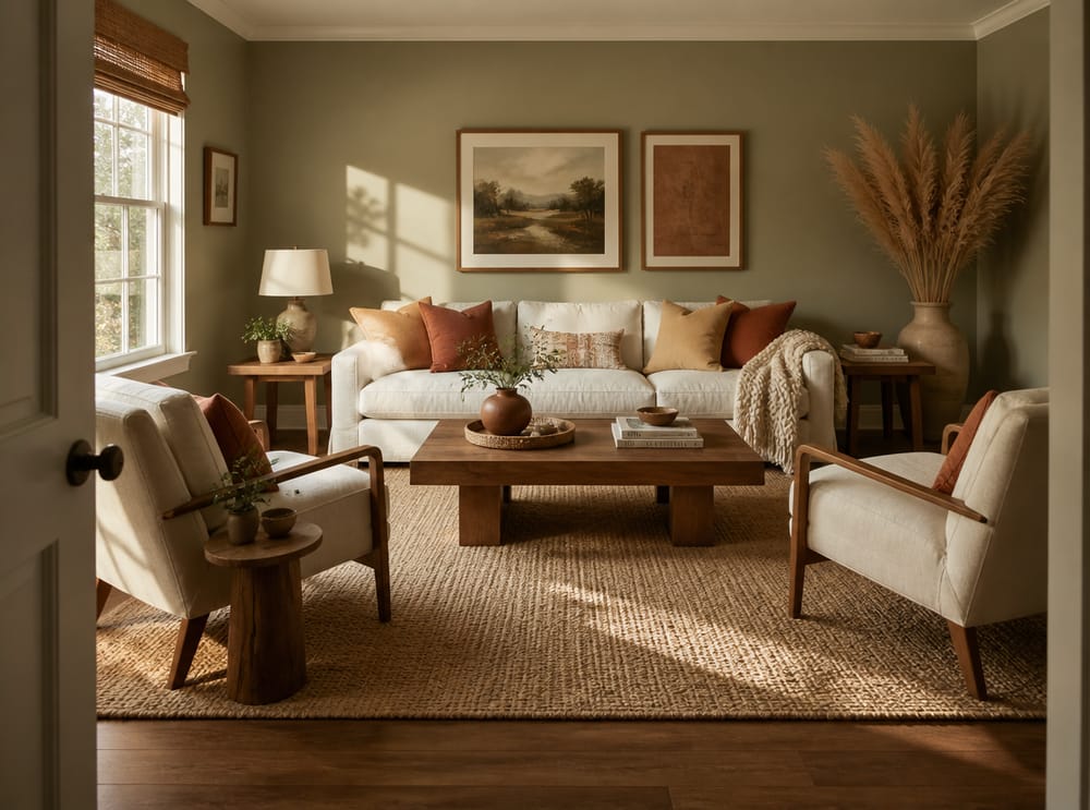 Sofa anchored with earthy throws and dried grasses
