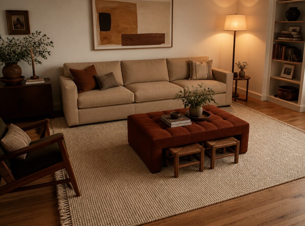 Rust ottoman as coffee table under muted abstract print
