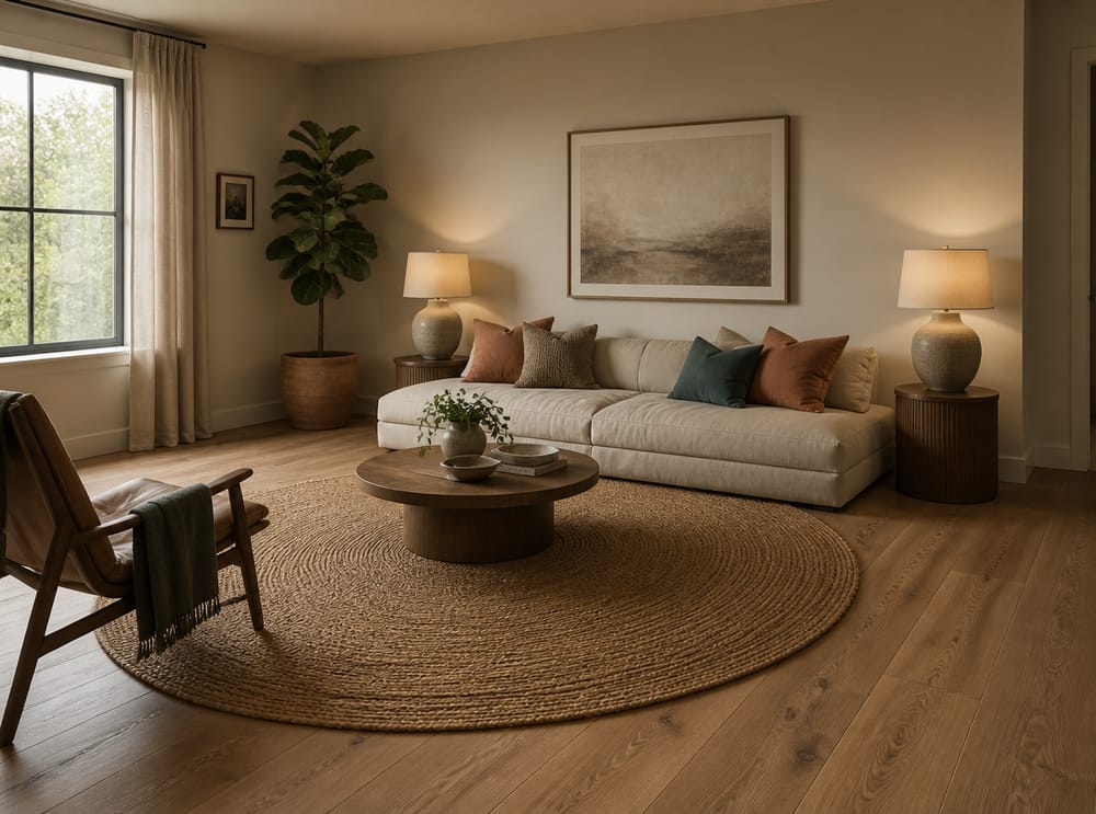 Low-profile sofa with mixed knit pillows and fig plant