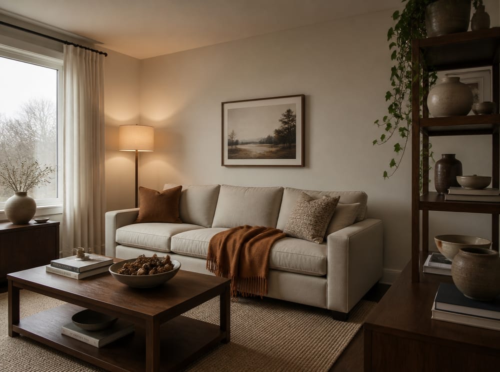Fringed amber throw across linen sofa, ivy on shelves