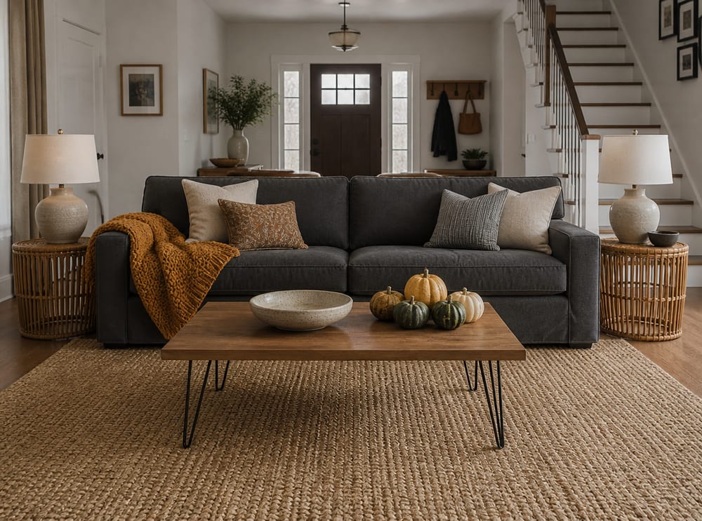 Charcoal sofa with small gourds on hairpin-leg table