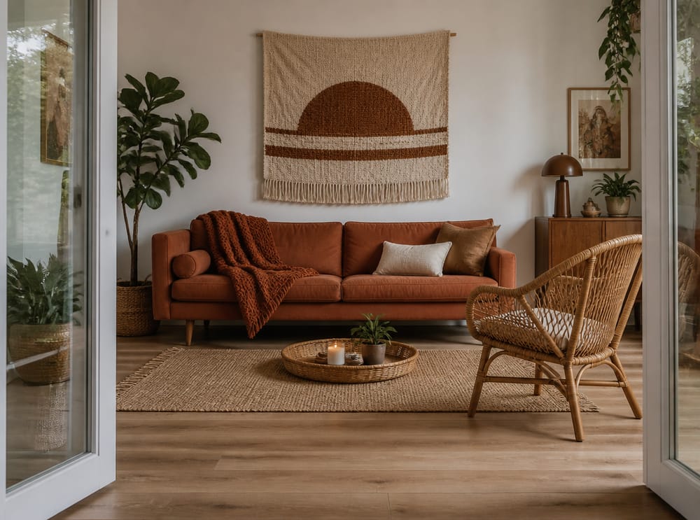 Terracotta sofa with wicker chair and rattan tray table