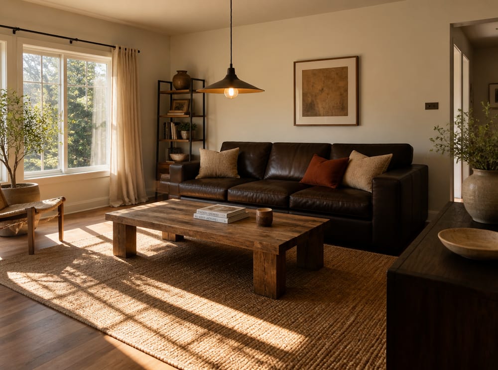 Leather sofa with linen cushions and reclaimed wood table
