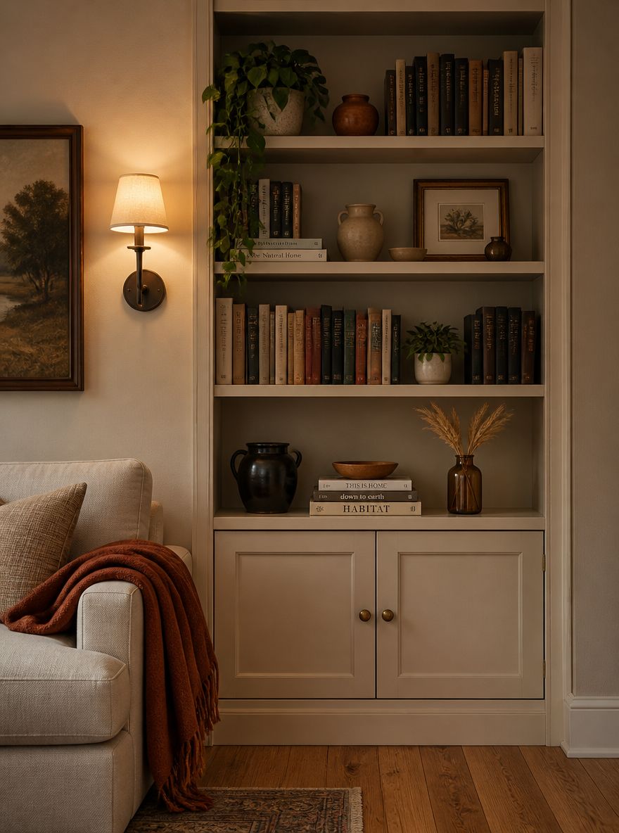 Built-in shelf with ceramics, dried wheat, and pothos