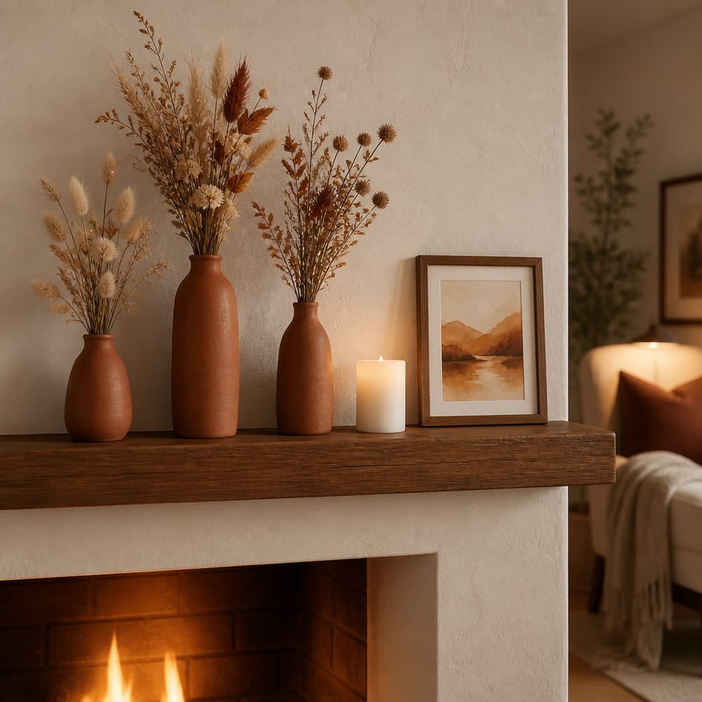 Mantel with dried florals and terracotta vases