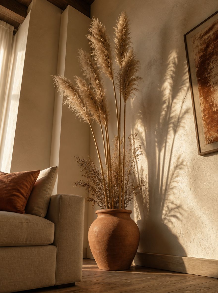 Tall pampas grass in terracotta pot by plaster wall