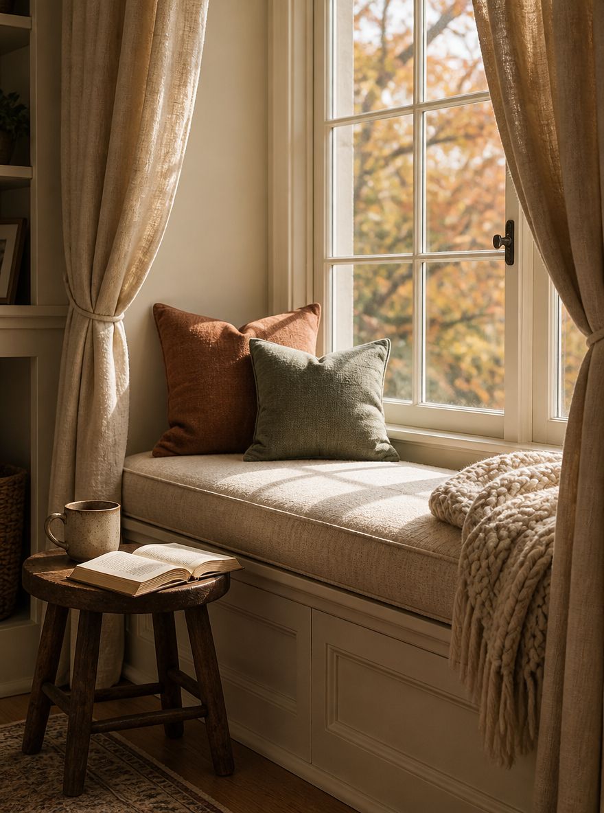Window seat with knit blanket and ceramic mug