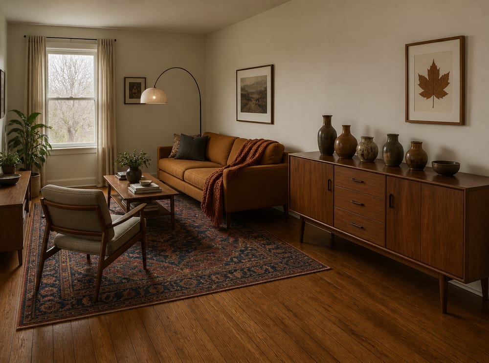 Walnut credenza with ceramics beside caramel sofa