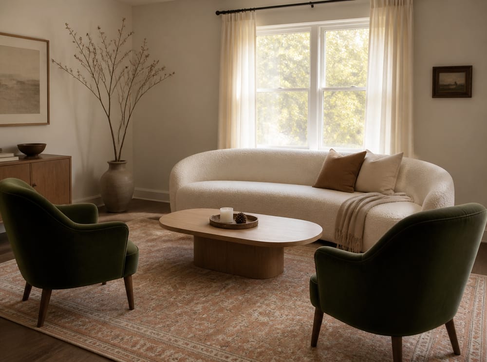 Backlit boucle sofa opposite green velvet accent chairs