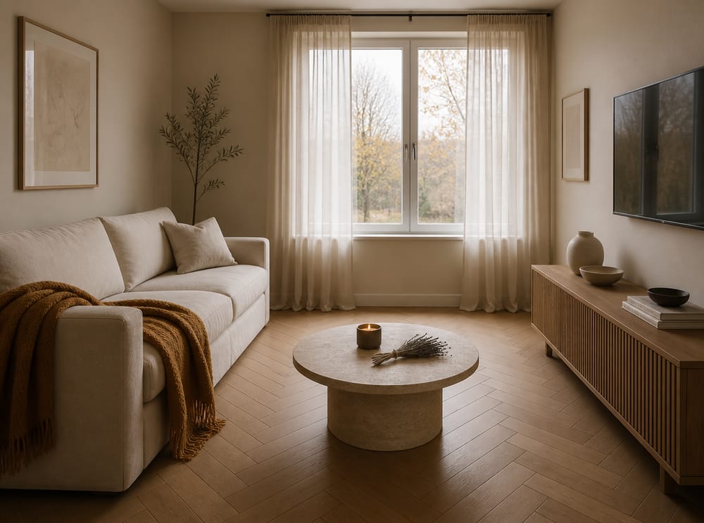 Ivory sofa with ochre throw and dried herb bundle