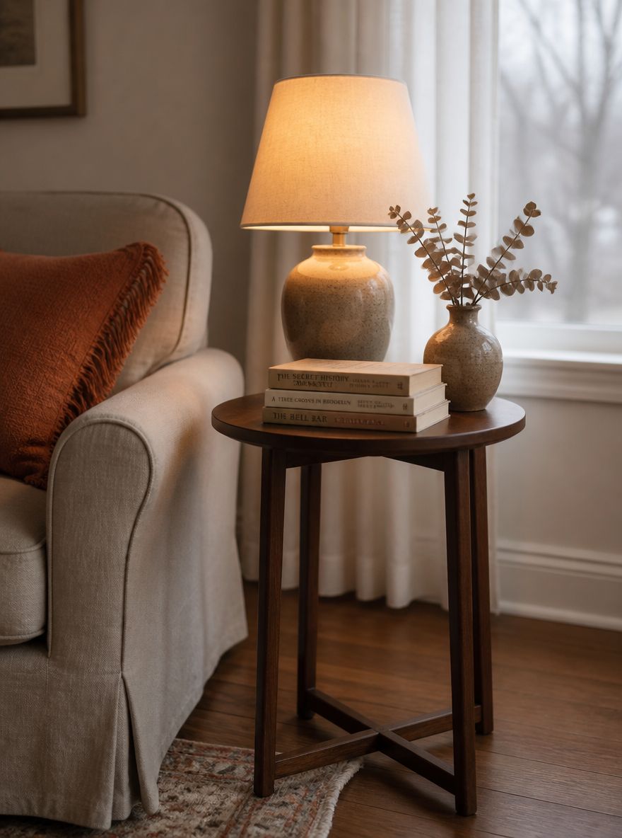 Side table vignette with ceramic lamp and eucalyptus sprig