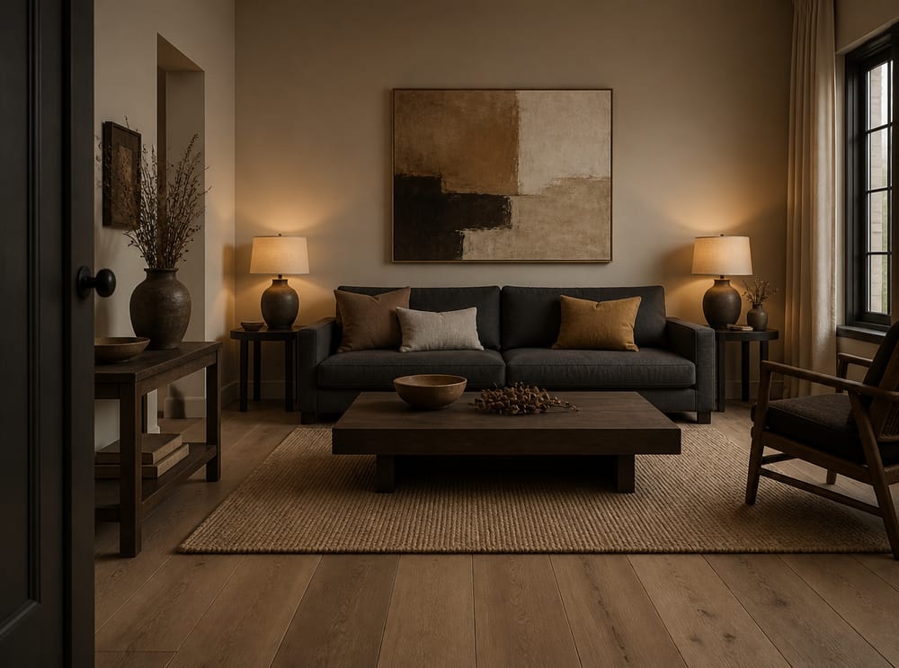Charcoal sofa beneath earthy abstract canvas with seed pods