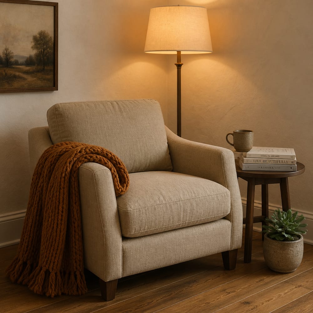 Reading corner with knit throw and warm lamp light