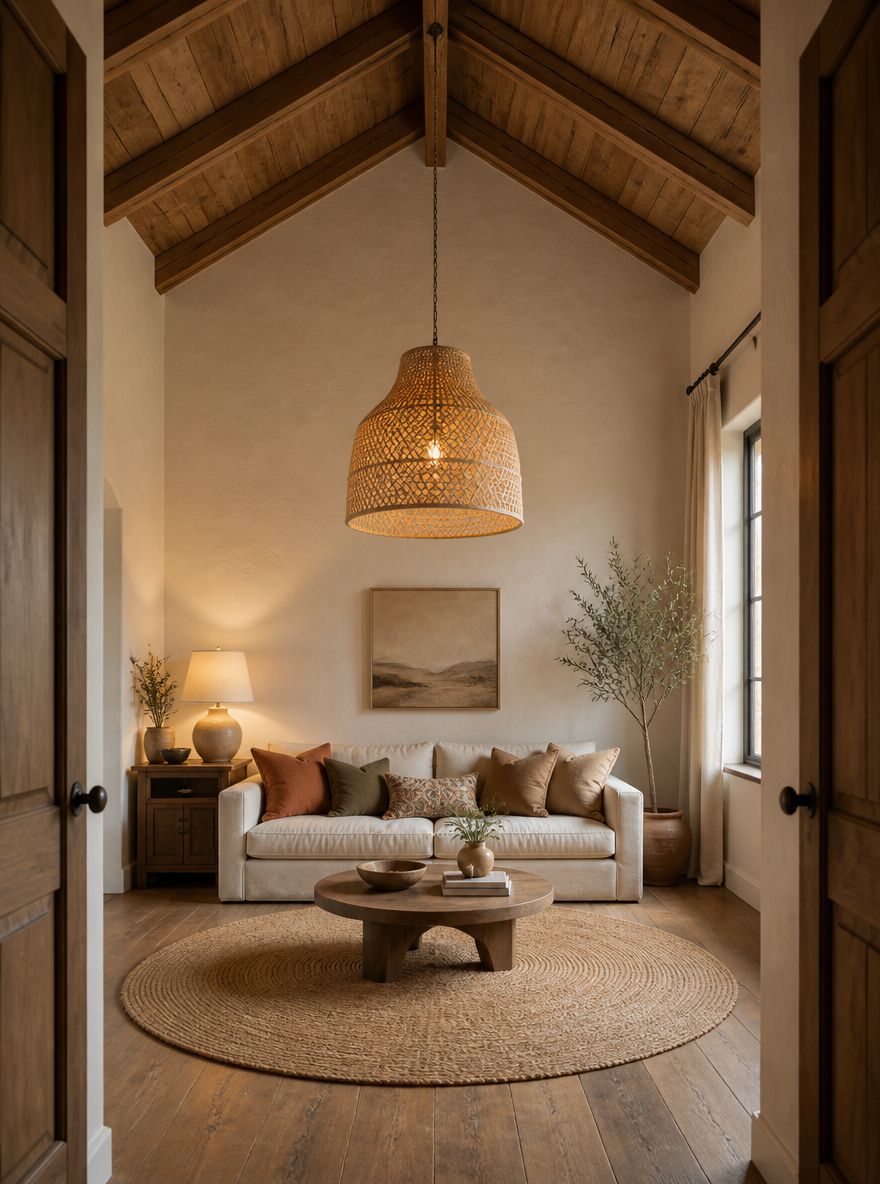 Exposed beams above linen sofa and woven pendant