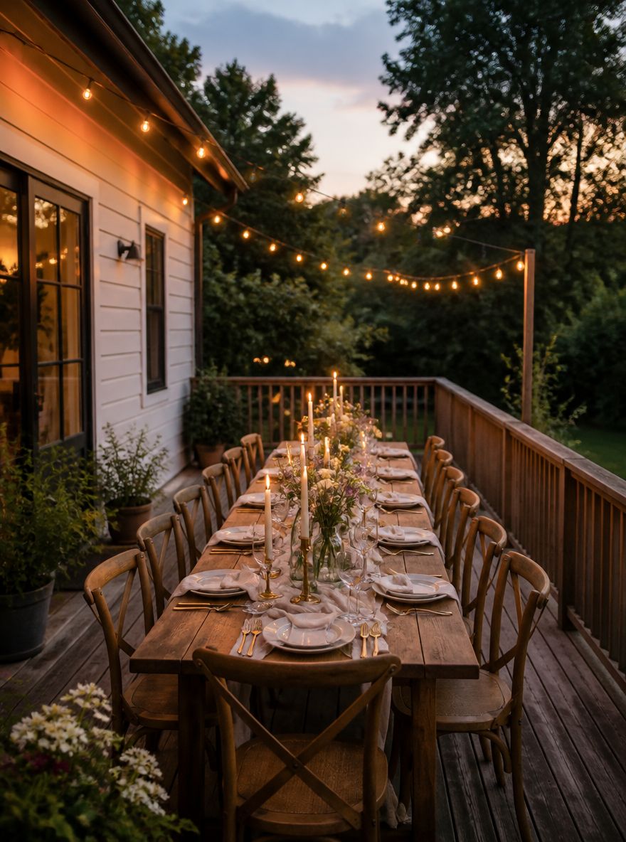 Lange dinertafel op een terras bij schemering