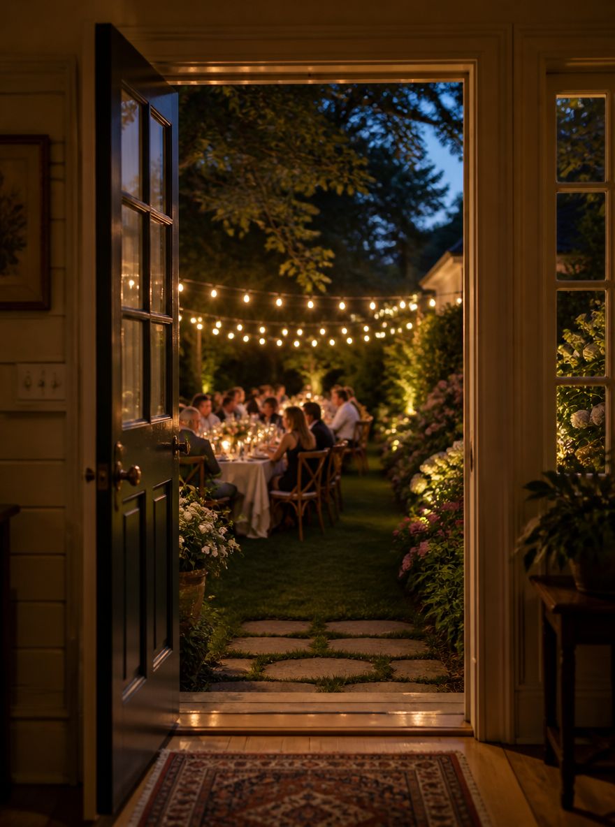 Dinerreceptie gezien door een open achterdeur