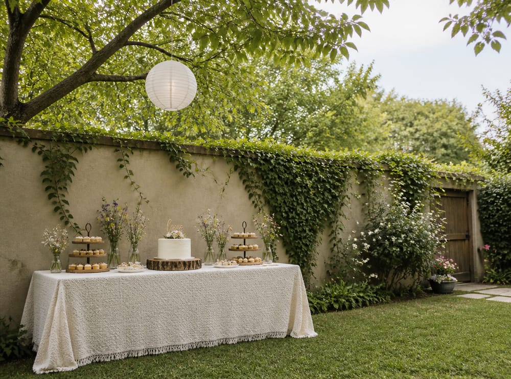 Taarttafel onder een papieren lantaarn in de tuin