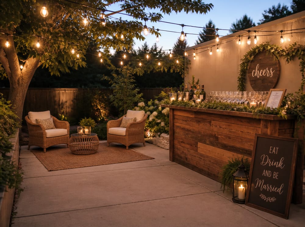 Bar van gerecycled hout naast een rotan loungehoek