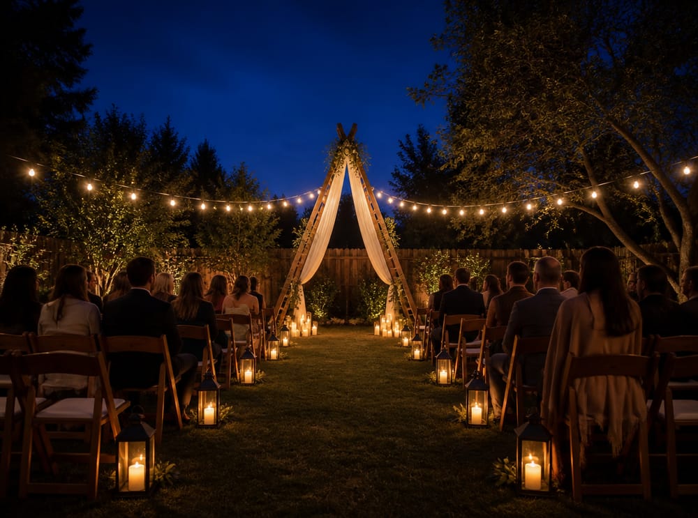 Ceremonie met ladderboog en kaarsen bij schemering