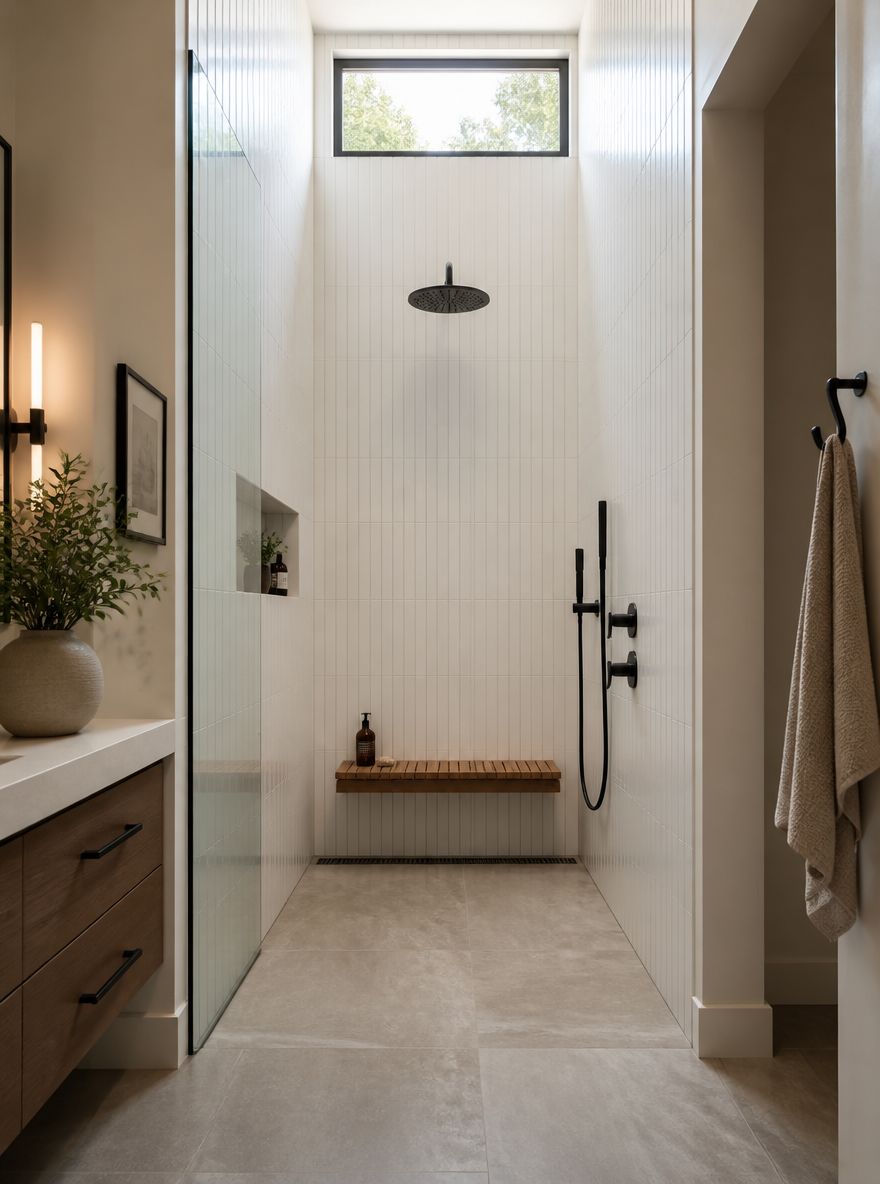 Floor-to-ceiling tile emphasizing shower height
