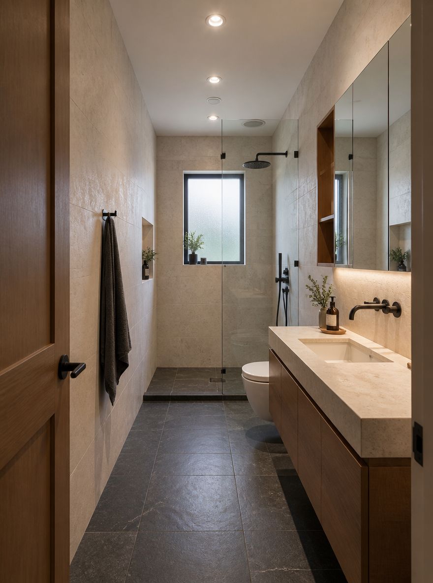 Narrow layout with shower at far end