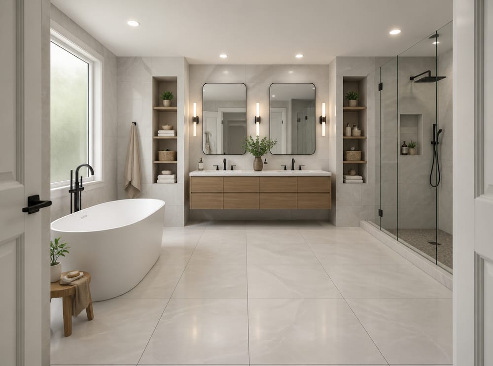 Double floating vanity anchored on far wall
