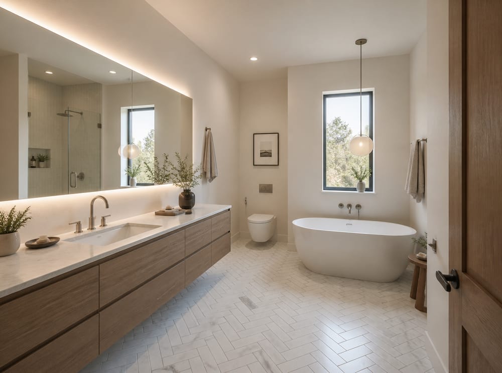Backlit mirror spanning full vanity width