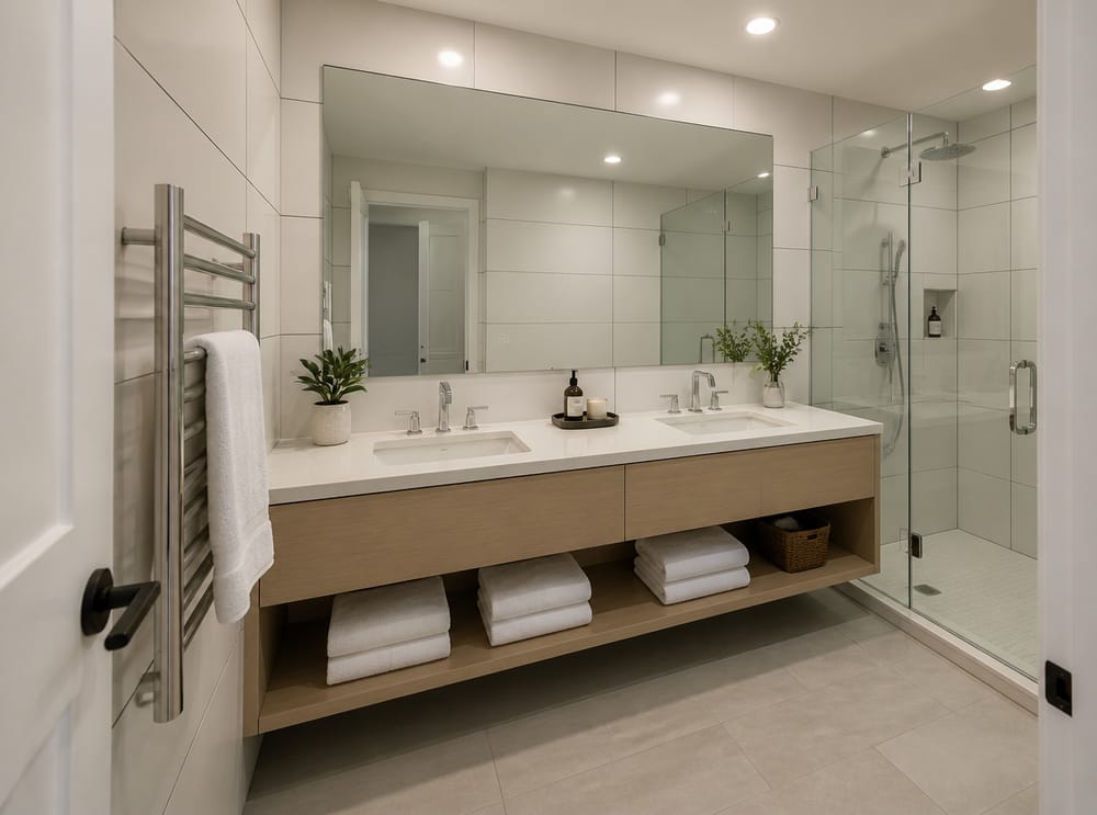 Quartz double vanity with open towel shelving