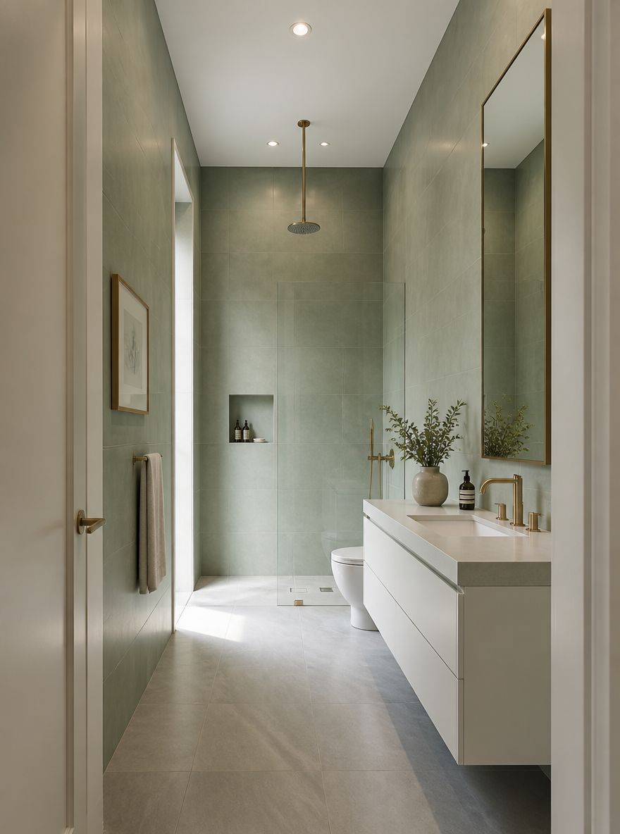 Pale green tile from floor to ceiling