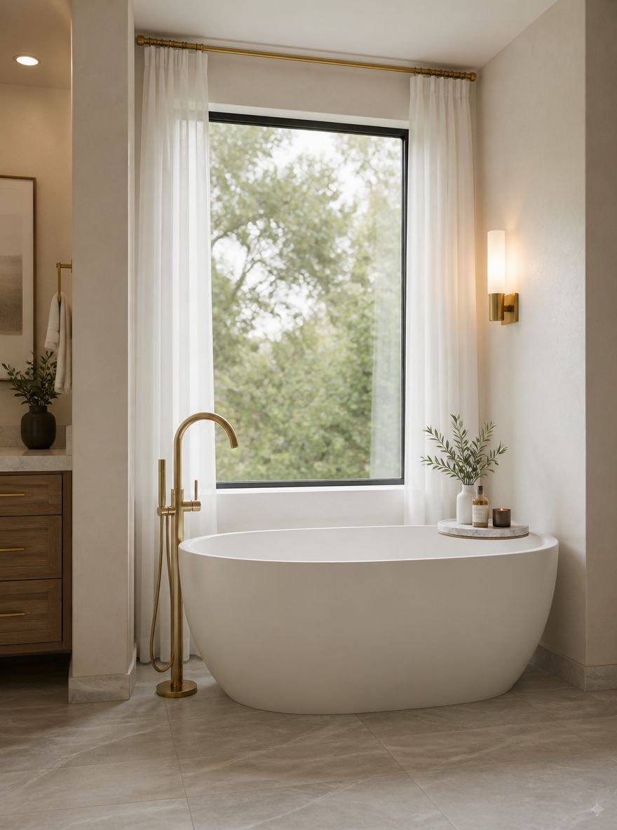 Freestanding tub beneath large corner window